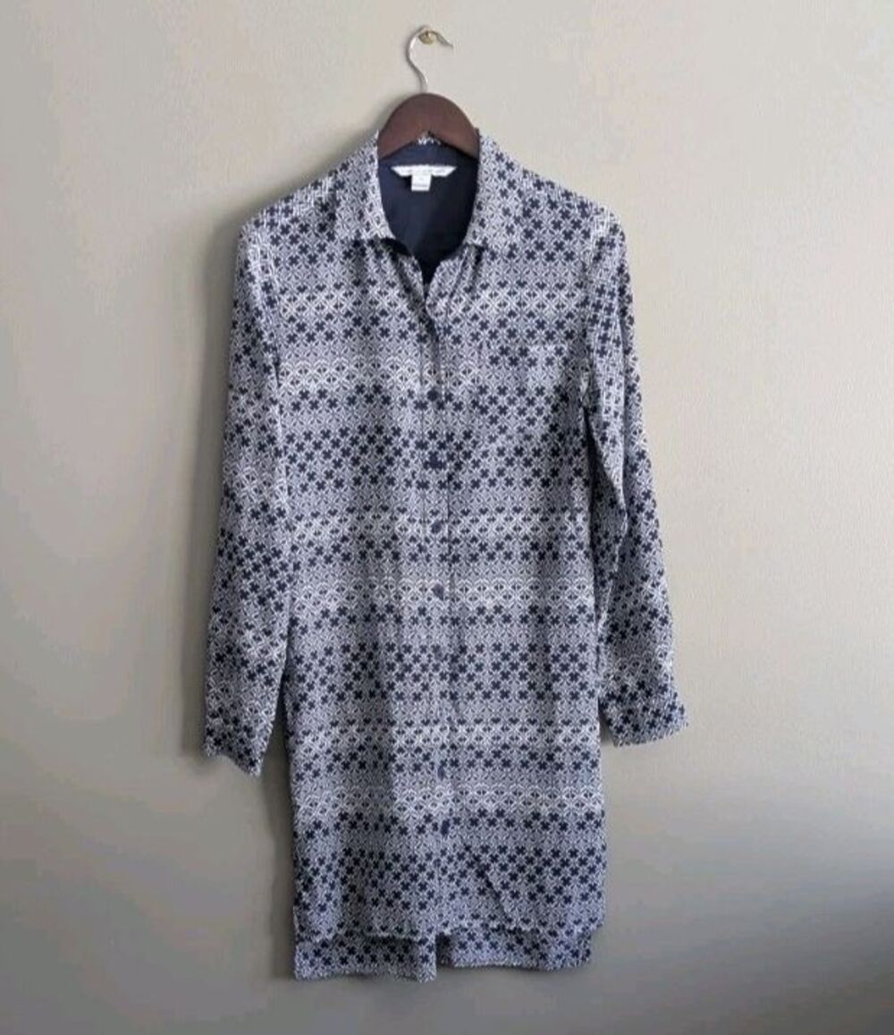 DVF Diane von Furstenberg Silk Shirt Dress Size 10 Blue White Geometric Print LS